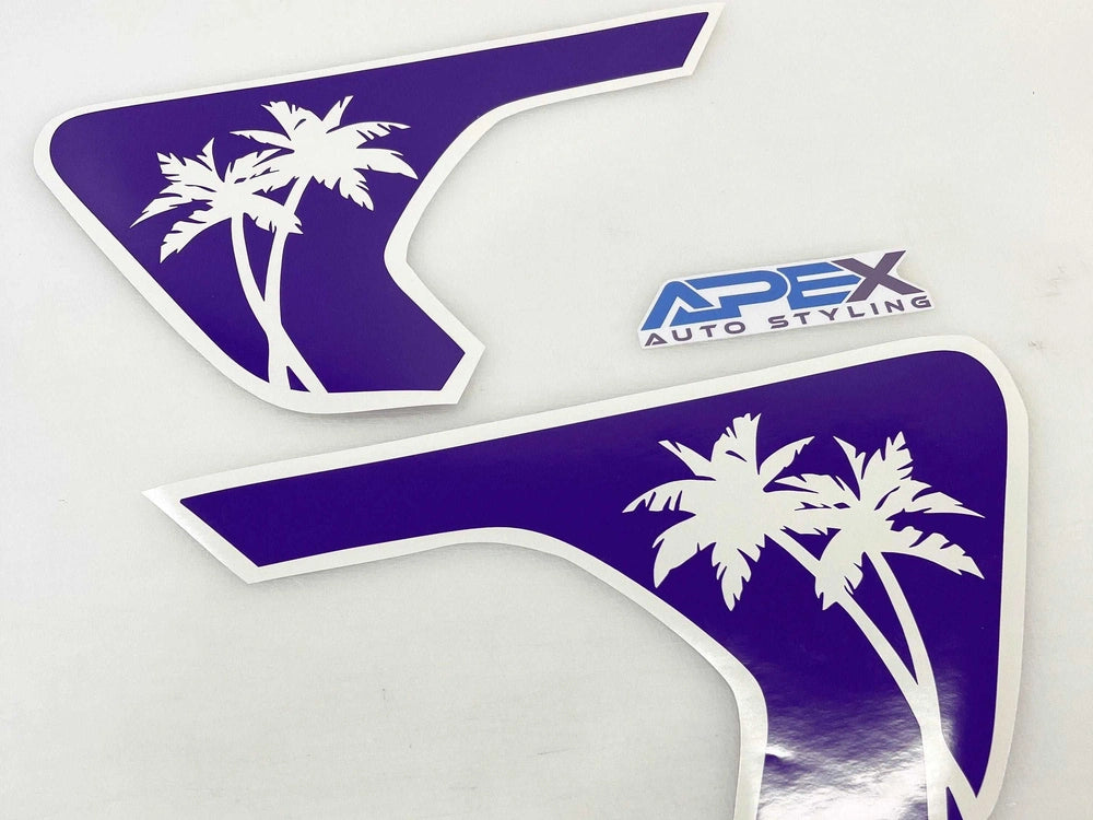 Purple fender vent decals for Jeep Wrangler or Gladiator featuring white palm tree silhouettes, custom-cut to fit vehicle vents. Includes Apex Auto Styling logo, showcasing precision design for a unique tropical aesthetic.
