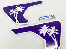 Load image into Gallery viewer, Purple fender vent decals for Jeep Wrangler or Gladiator featuring white palm tree silhouettes, custom-cut to fit vehicle vents. Includes Apex Auto Styling logo, showcasing precision design for a unique tropical aesthetic.