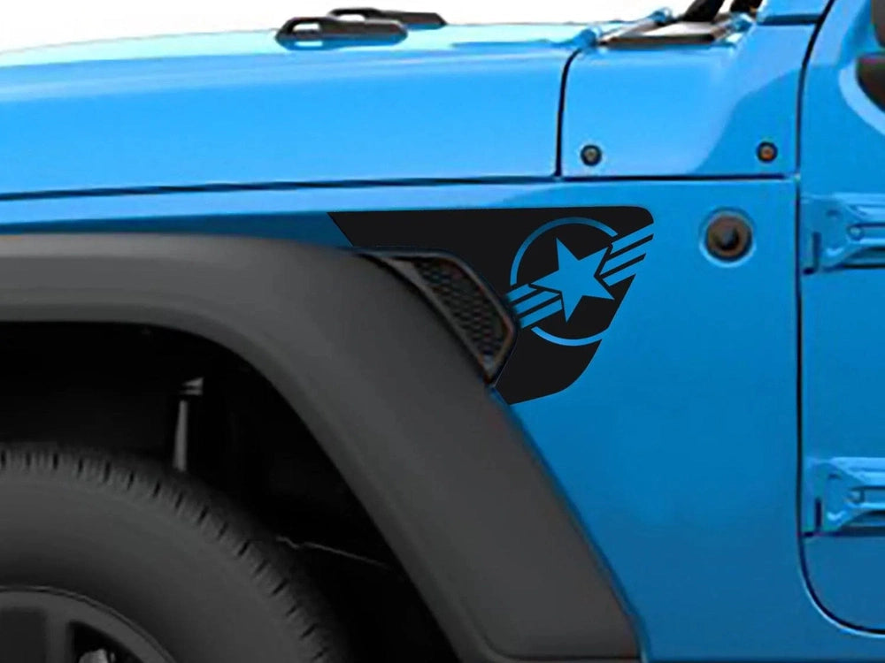 Blue Jeep Wrangler fender with custom black vinyl decal featuring star and stripes logo, showcasing precise fitment and patriotic design on vehicle's exterior