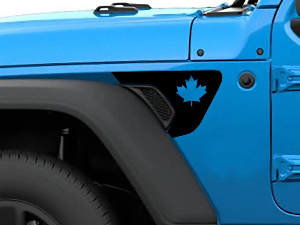 Blue Jeep Wrangler fender vent with Canadian flag maple leaf decal, showcasing custom Wrangler and Gladiator fender vent decals for patriotic vehicle customization