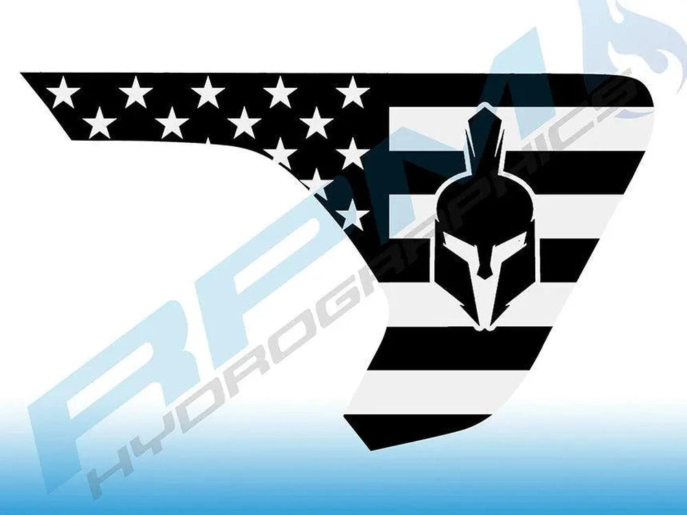 Jeep Wrangler Gladiator fender vent decal design featuring American flag pattern with stars and stripes, Spartan helmet silhouette, and Fury Road text, showcasing patriotic and rugged style for customizing Jeep vehicles