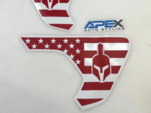 Load image into Gallery viewer, Custom Jeep Wrangler and Gladiator fender vent decals featuring American flag design with stars, stripes, and Spartan helmet logo in red and white. Apex Auto Styling brand visible.