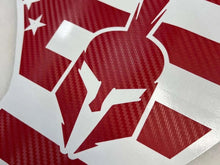 Load image into Gallery viewer, Custom red and white fender vent decal for Jeep Wrangler or Gladiator, featuring a Spartan helmet design integrated with American flag elements, showcasing a unique patriotic and warrior-inspired aesthetic for vehicle customization