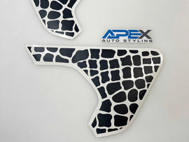 Custom alligator scales fender vent decals for Jeep Wrangler and Gladiator, showcasing white pattern on black background with Apex Auto Styling logo, designed for precise fitment and unique styling