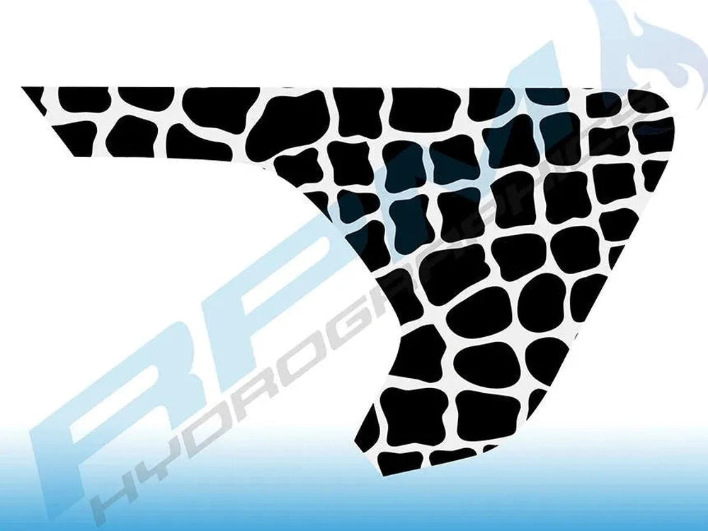 Wrangler Gladiator fender vent decal with alligator scales pattern, black and white design on blue gradient background, showcasing custom vinyl accessory for Jeep vehicles