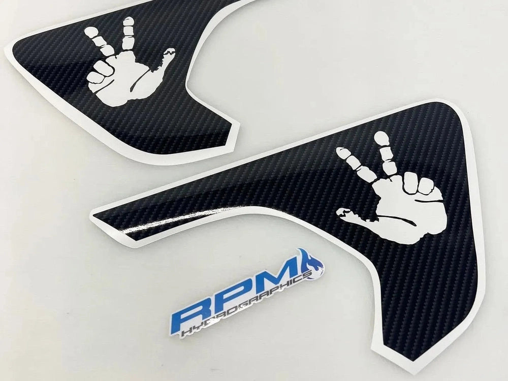 Wrangler Gladiator fender vent decals with peace sign design, black carbon fiber look with white hand symbol, set of two for left and right sides, featuring RPM Performance logo