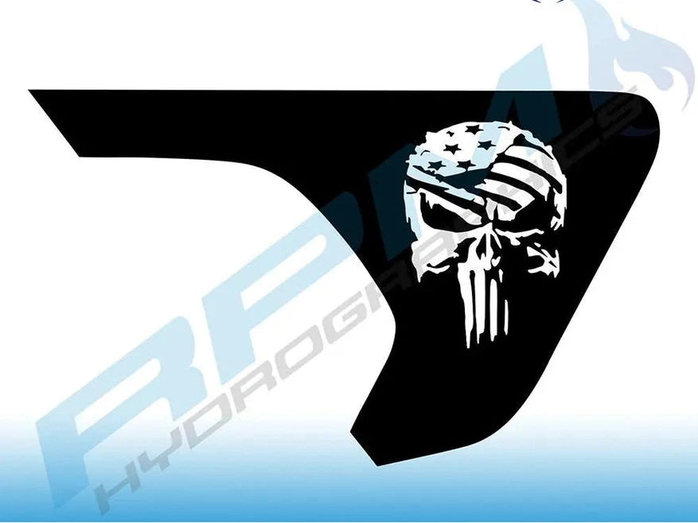 Custom Jeep Wrangler fender vent decal featuring Punisher skull with American flag pattern, designed for 2018-2022 models, black background with white skull graphic