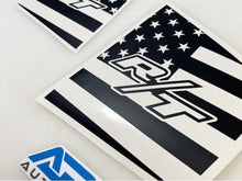 Load image into Gallery viewer, Custom Dodge Charger R/T quarter window decals featuring American flag design with stars and stripes in black and white, showcasing the R/T logo for 2011-2023 models