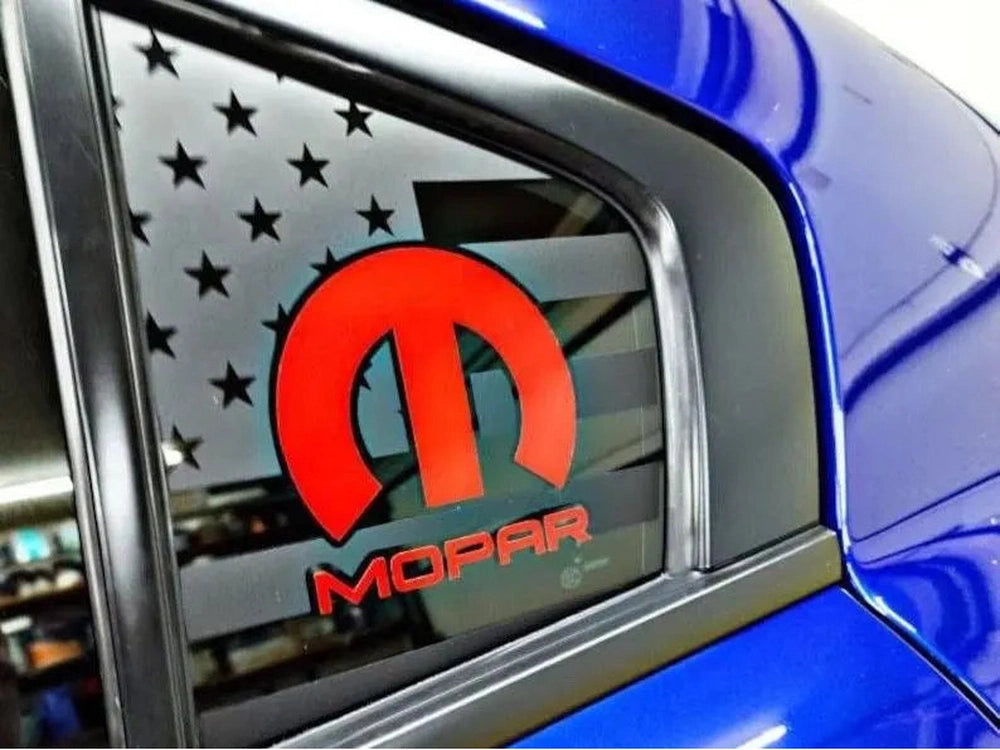 Dodge Charger quarter window decal featuring MOPAR logo in red on a gray American flag background, installed on a blue vehicle, showcasing custom automotive styling for 2011-2023 models