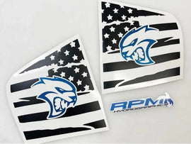 Custom Dodge Charger quarter window decals featuring Hellcat logo on American flag background, available in black and blue color scheme, showcasing patriotic design for vehicle customization
