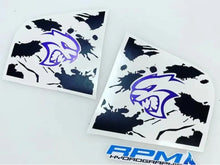 Load image into Gallery viewer, Custom Dodge Charger quarter window decals featuring purple Hellcat logo on black splatter pattern background, designed for 2011-2023 models, showcasing unique automotive styling and personalization options