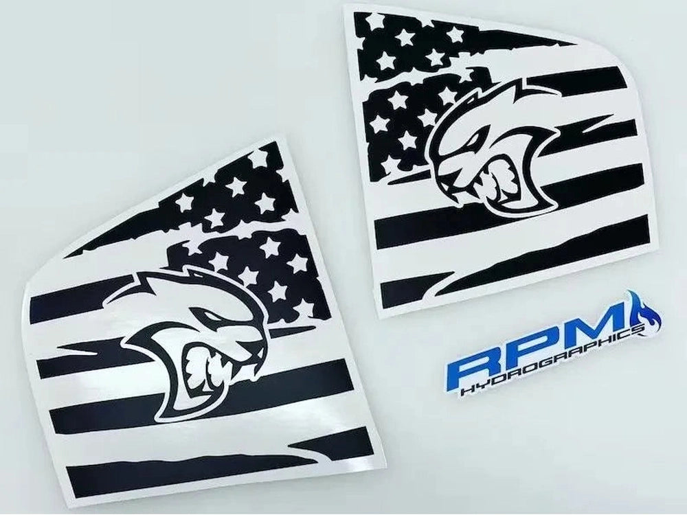 Dodge Charger Hellcat quarter window decals featuring black and white American flag design with Hellcat logo, showcasing RPM Hydrographics branding