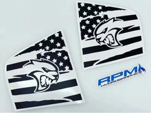 Load image into Gallery viewer, Dodge Charger Hellcat quarter window decals featuring black and white American flag design with Hellcat logo, showcasing RPM Hydrographics branding