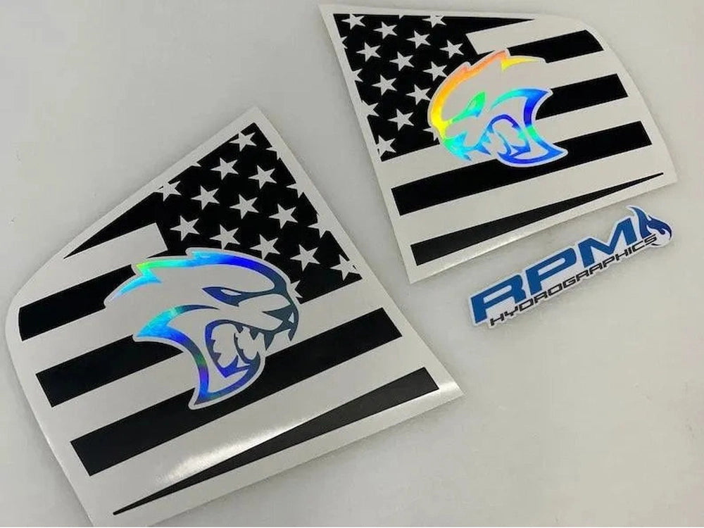 Dodge Charger quarter window decals with American flag design and holographic Hellcat logo, showcasing patriotic style and customization options for 2011-2023 models