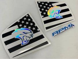 Dodge Charger quarter window decals with American flag design and holographic Hellcat logo, showcasing patriotic style and customization options for 2011-2023 models