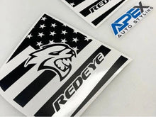 Load image into Gallery viewer, Charger Quarter Window Decals featuring Hellcat Redeye logo with American flag design, Redeye text, and Apex Auto Styling branding. Black and white vinyl stickers for custom car styling.