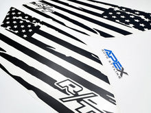 Load image into Gallery viewer, Dodge Durango R/T quarter window decals featuring distressed American flag design with RT logo, displayed in black and white with blue Apex Customs branding