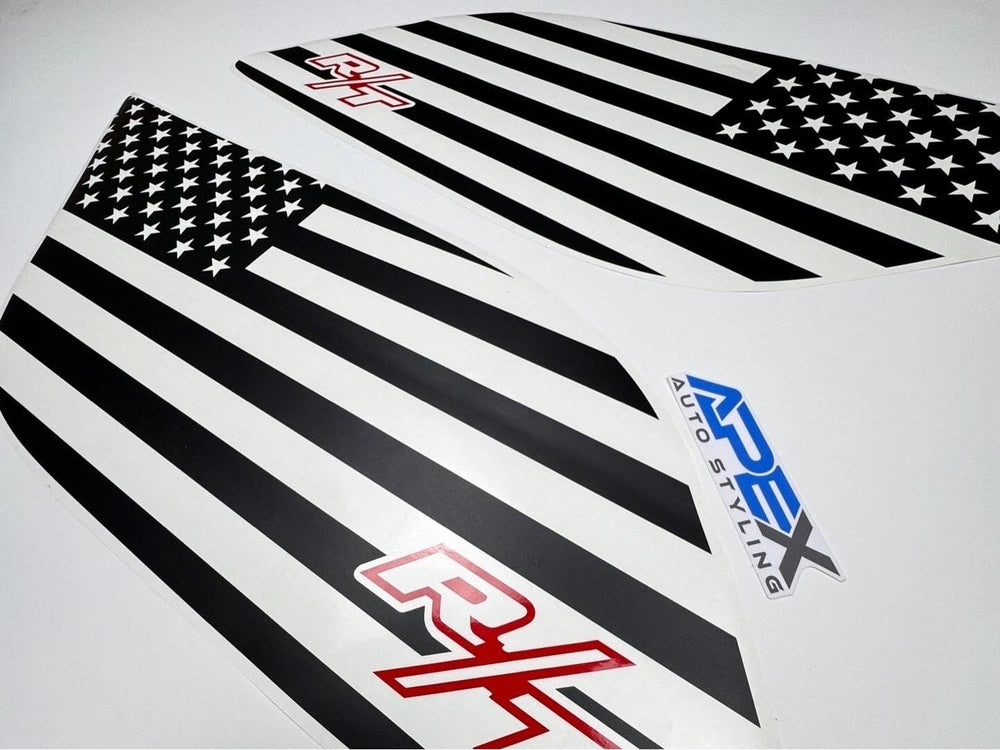 Durango quarter window decals featuring American flag design with R/T logo in red and blue, showcasing custom vinyl application for Dodge Durango vehicles