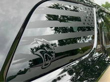 Load image into Gallery viewer, Dodge Durango quarter window decal featuring American flag design with Hellcat logo, showcasing custom vinyl application on vehicle&#39;s side window for personalized automotive styling