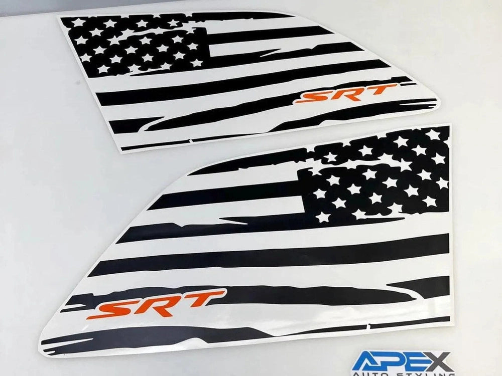 Grand Cherokee quarter window decals featuring black and white American flag design with orange SRT logo, displayed on two panels for driver and passenger sides, showcasing custom Jeep accessories by Apex Auto Parts