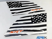 Load image into Gallery viewer, Grand Cherokee quarter window decals featuring black and white American flag design with orange SRT logo, displayed on two panels for driver and passenger sides, showcasing custom Jeep accessories by Apex Auto Parts